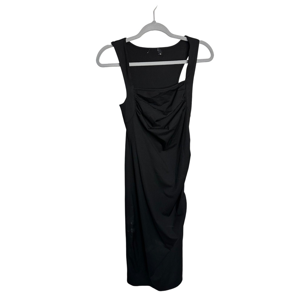 Ribbed Bodycon Midi‎ Dress Ruched Sleeveless Casual Black Dress